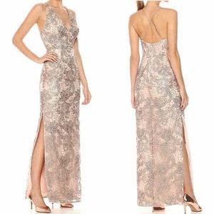 Aidan Mattox Rose Gold Criss Cross Back Floral Sequin Embroidered Slit Maxi 2